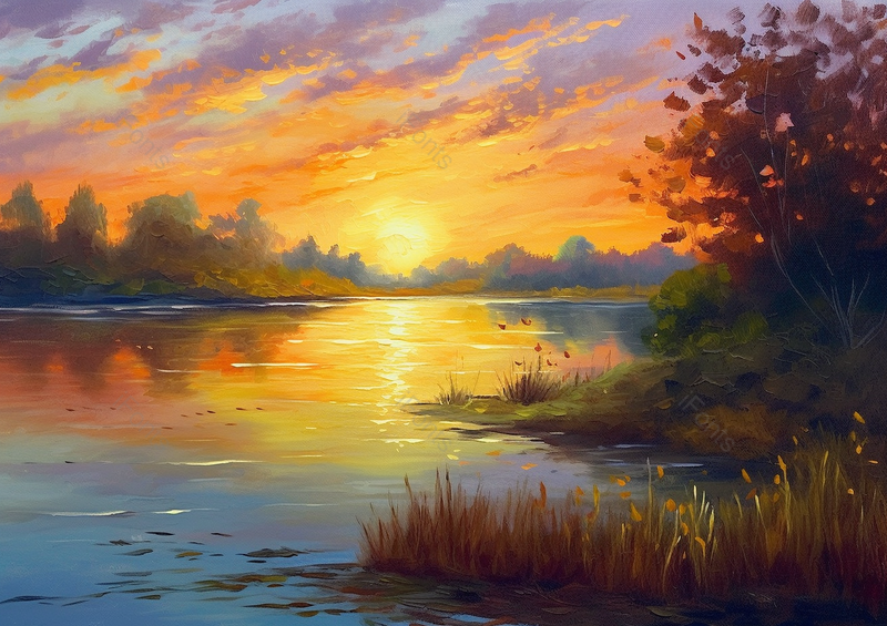 日落倒影在湖面上写实风景手绘插画图,插画/手绘图,插画/手绘图库,插画/手绘图下载,插画/手绘